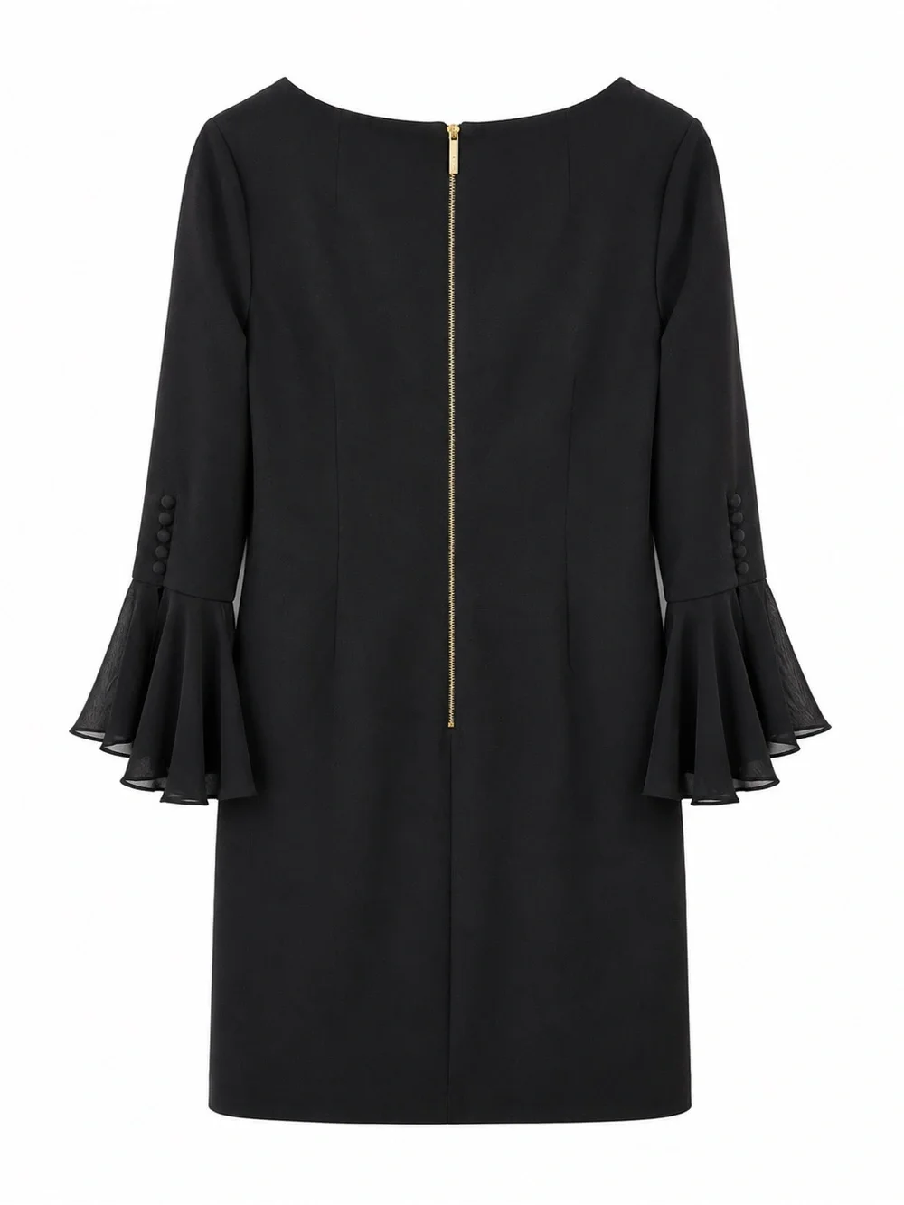 Calvin Klein Black Long Sleeve Shift Dress Layered Bell Cuffs NWT Classic LBD - Picture 5 of 6
